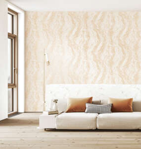 Modern, white minimalist interior with kitchen, sofa, wood floor, wall panels and marble kitchen island. 3d render illustration mock up.